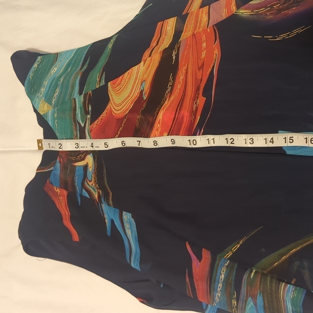 SIGNATURE by ROBBIE BEE. Abstract Print Chiffon. Color Navy Blue Green Orange. - Picture 7 of 11